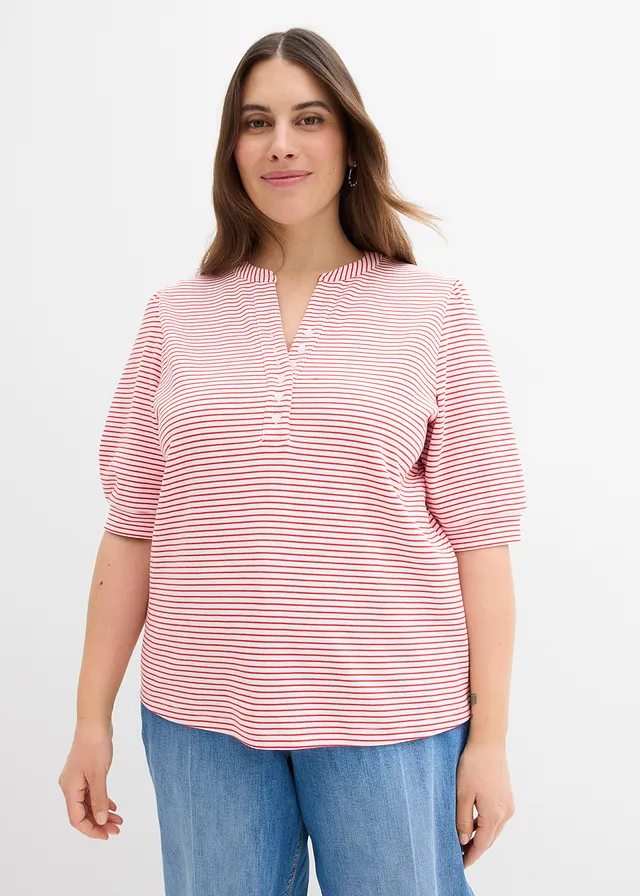 T-shirt 100% coton, Couleur: blanc/fraise rayé