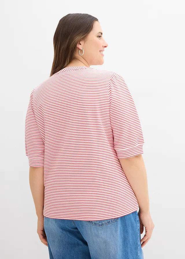 T-shirt 100% coton, Couleur: blanc/fraise rayé