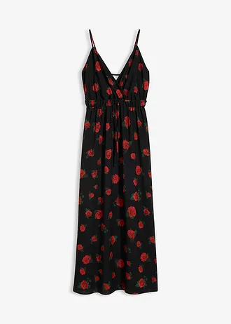 Rochie maxi din viscoză fluidă, culoare: negru-roșu-cireașă înflorat