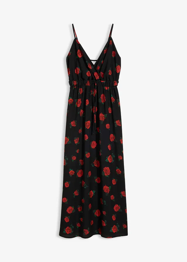 Maxi jurk van soepele viscose, Kleur: zwart-kersenrood gebloemd