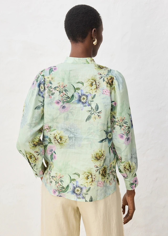 Blouse volantée en ramie rafraîchissante, Couleur: vert pâle floral