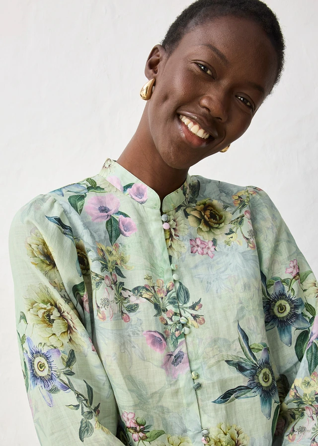 Blouse met volants van verkoelende ramie • grijsgroen gebloemd • product-page.page-title-suffix