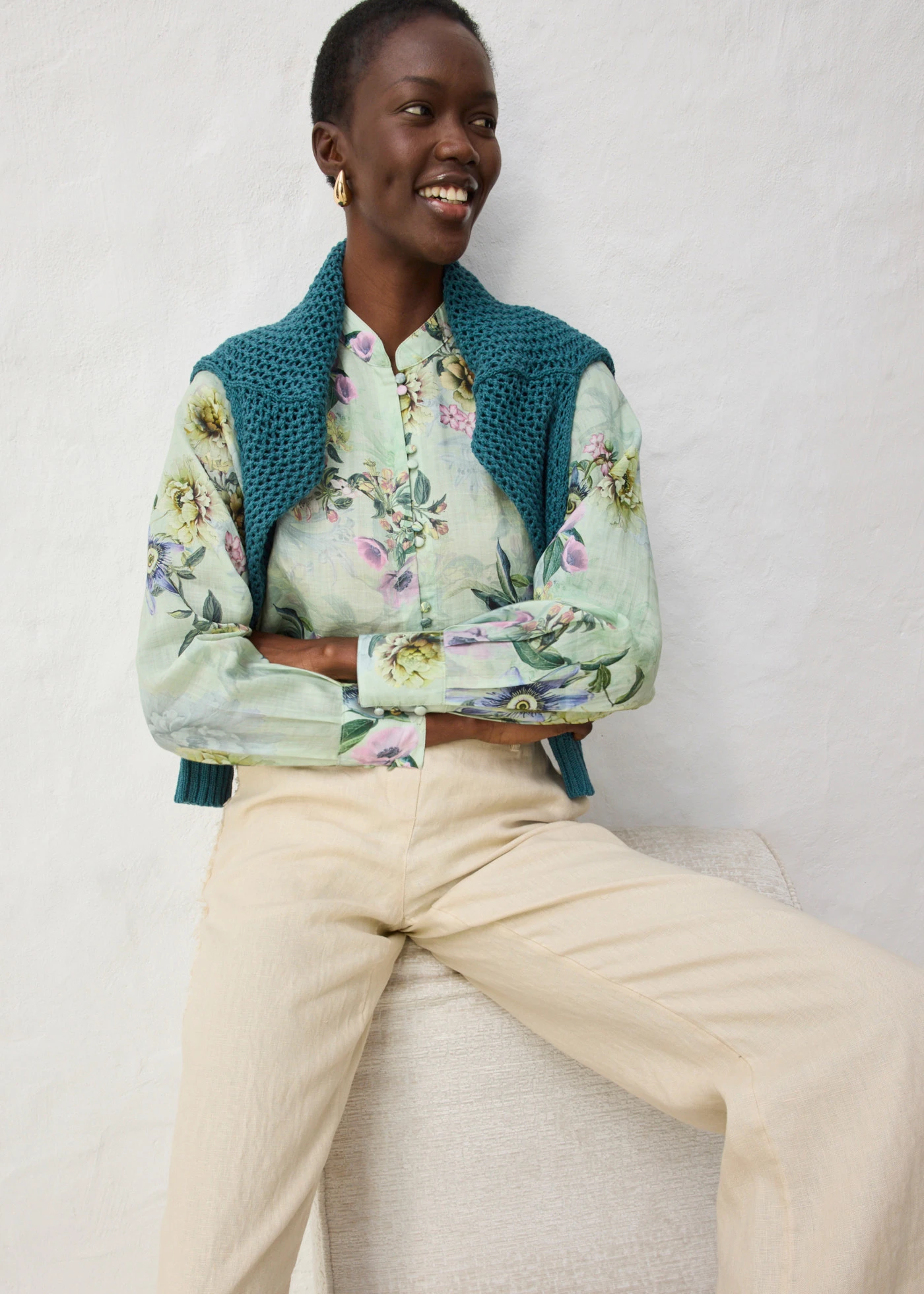 Blouse volantée en ramie rafraîchissante • vert pâle floral • Boutique bonprix