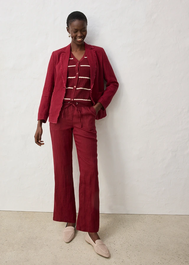 Pantalon taille élastiquée 100% lin, Couleur: rouge rubis