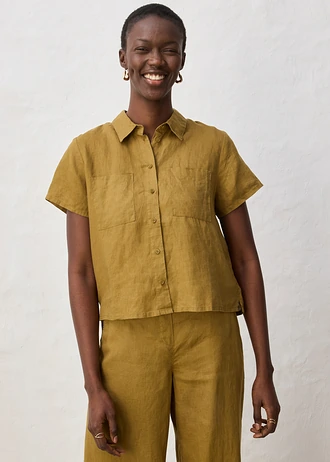 Chemisier manches courtes 100% lin, Couleur: vert nature