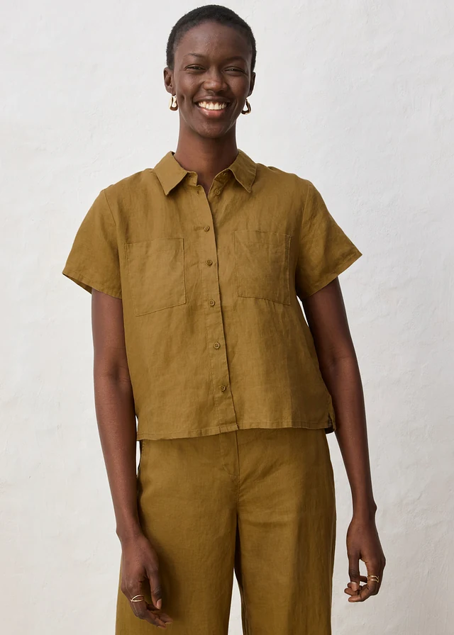 Chemisier manches courtes 100% lin, Couleur: vert nature