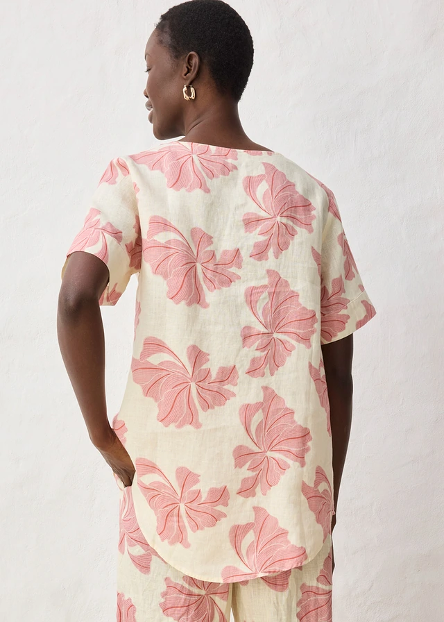 Tunique 100% lin, Couleur: beige-rouge cerise imprimé