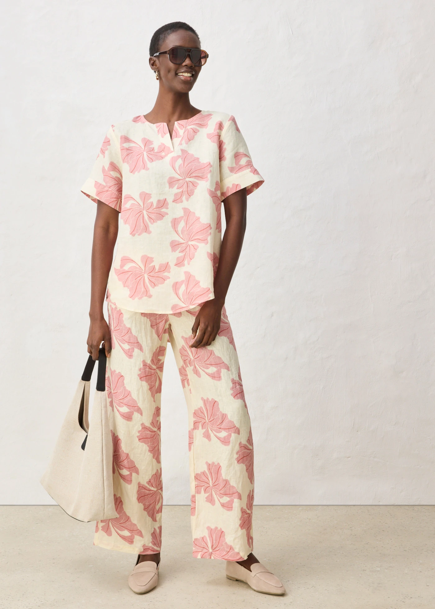 Tunique 100% lin • beige-rouge cerise imprimé • Boutique bonprix