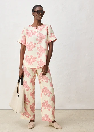 Tunika z czystego lnu, kolor: beżowy-czerwony wiśniowy z nadrukiem