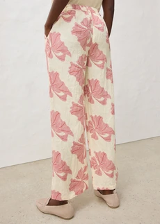 Pantalon large à pinces 100% lin, Couleur: beige-rouge cerise imprimé