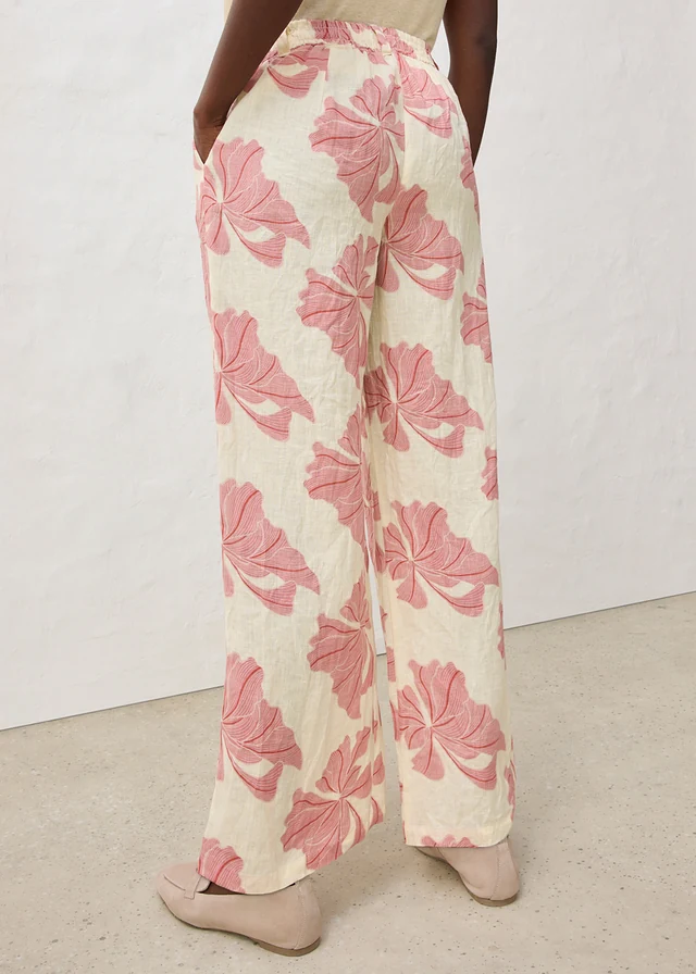 Pantalon large à pinces 100% lin, Couleur: beige-rouge cerise imprimé