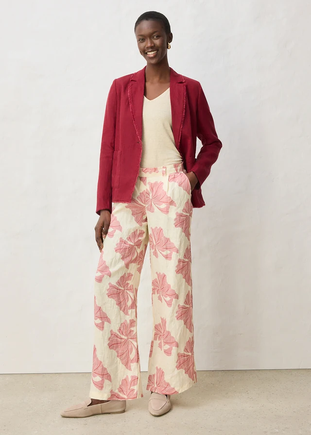 Marlene Dietrich broek van puur linnen • beige-kersenrood gedessineerd • product-page.page-title-suffix