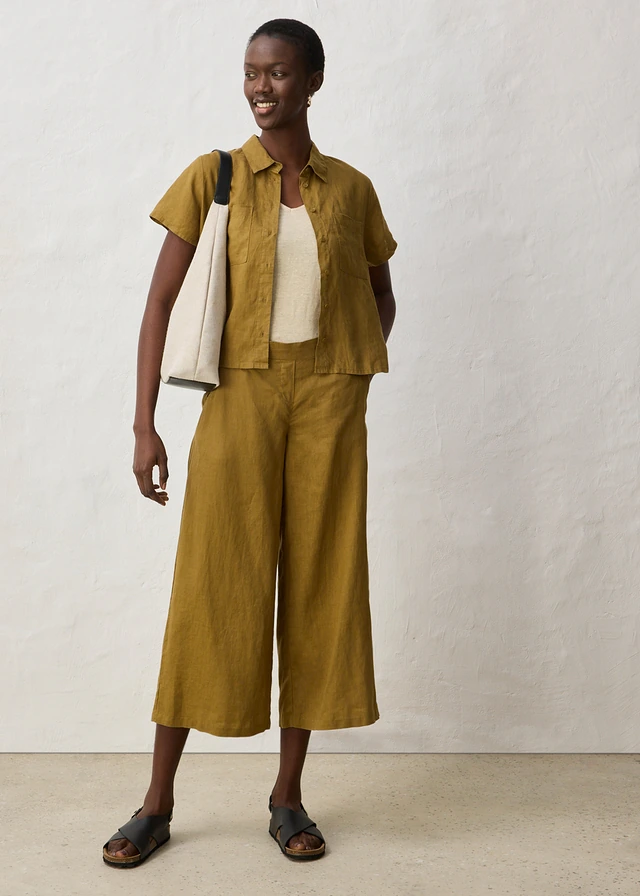 Spodnie culotte z czystego lnu zielony naturalny