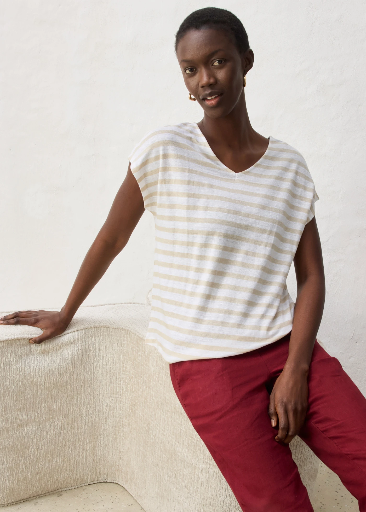 Linnen shirt met vleermuismouwen • lichtsand/wit gestreept • bonprix online shop