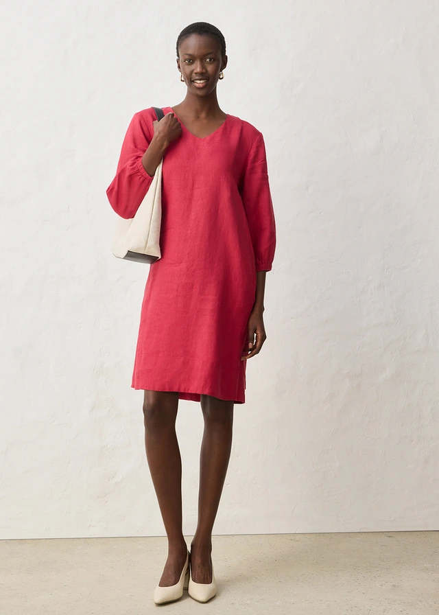 Robe 100 % lin, manches 3/4, Couleur: rouge cerise