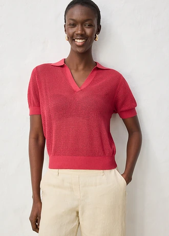 Ajour poloshirt met linnen, Kleur: kersenrood