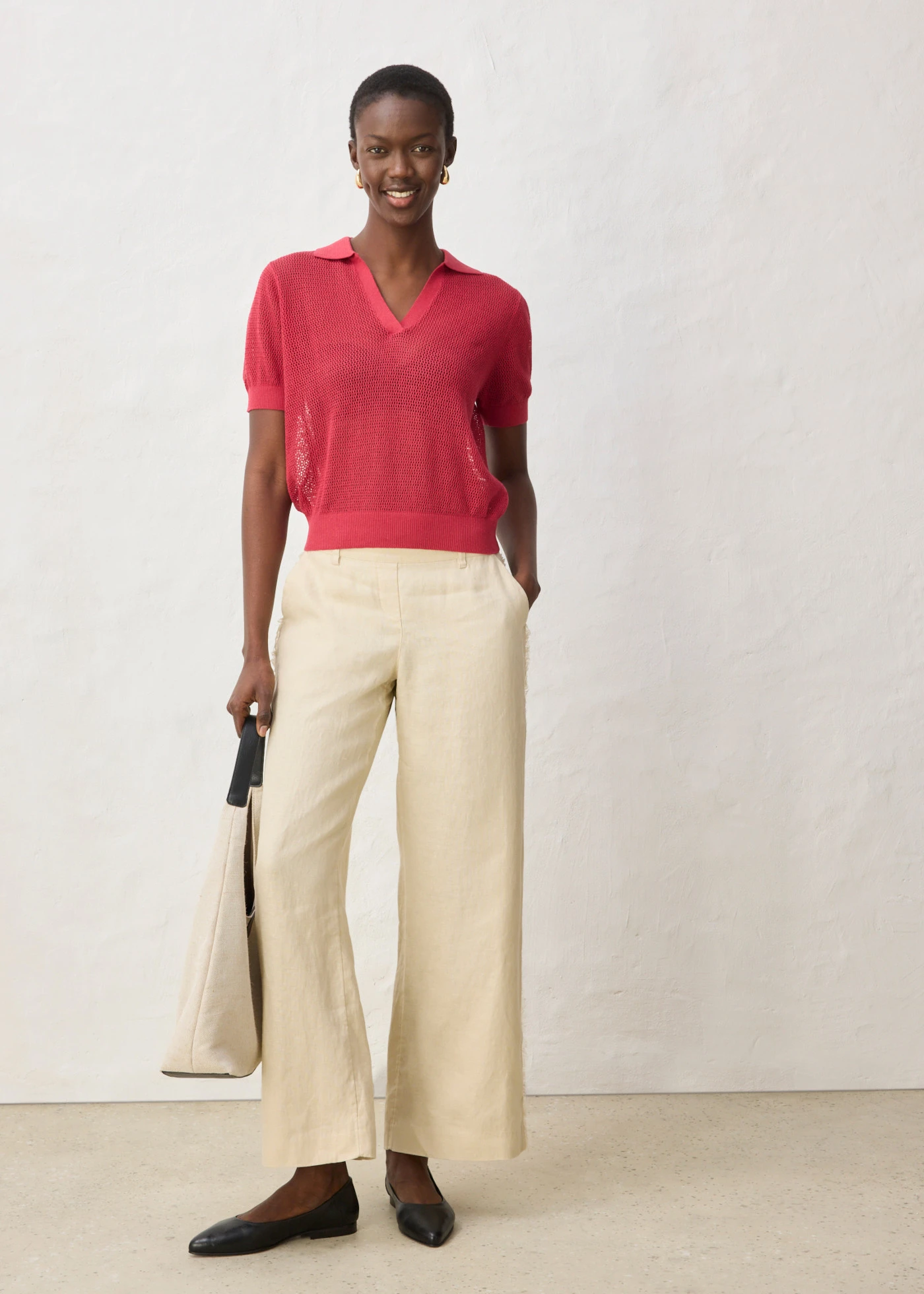 Polo en maille ajourée avec lin • rouge cerise • Boutique bonprix