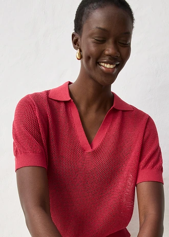 Bluză tricot polo ajurată, cu in în compoziție • roșu-cireașă • magazin bonprix