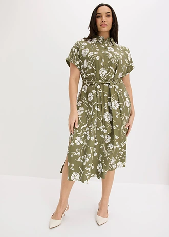 Overhemdjurk van viscose, Kleur: olijfgroen-wit gebloemd