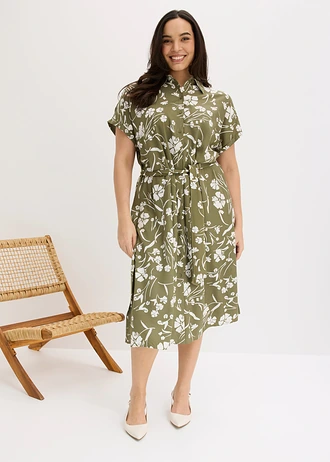 Overhemdjurk van viscose, Kleur: olijfgroen-wit gebloemd