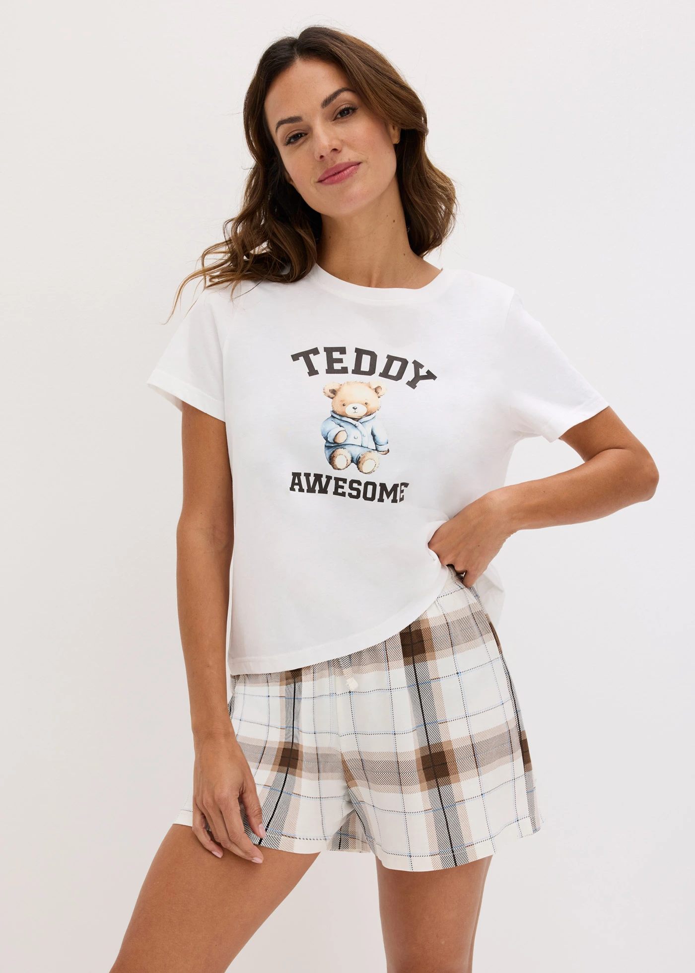 Pijama cu pantaloni scurți din bumbac 100% • alb cadrilat • magazin bonprix