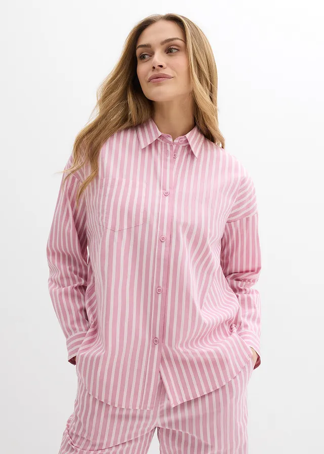 Oversized blouse van katoenpopeline, Kleur: mauve-lichtroze verticaal gestreept
