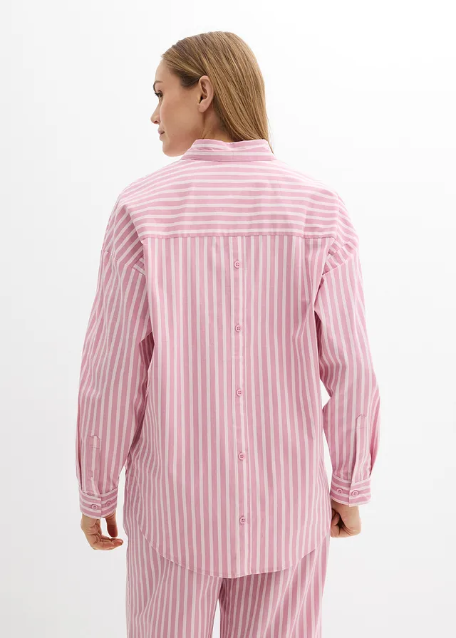 Oversized blouse van katoenpopeline, Kleur: mauve-lichtroze verticaal gestreept