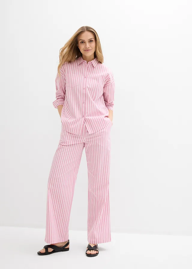 Oversized blouse van katoenpopeline, Kleur: mauve-lichtroze verticaal gestreept