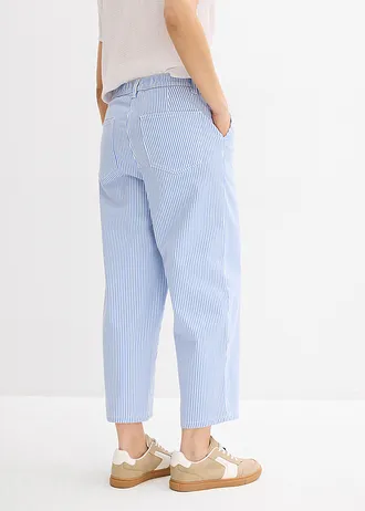 Barrel broek met comfortband, high waist, Kleur: middenblauw-wolwit verticaal gestreept