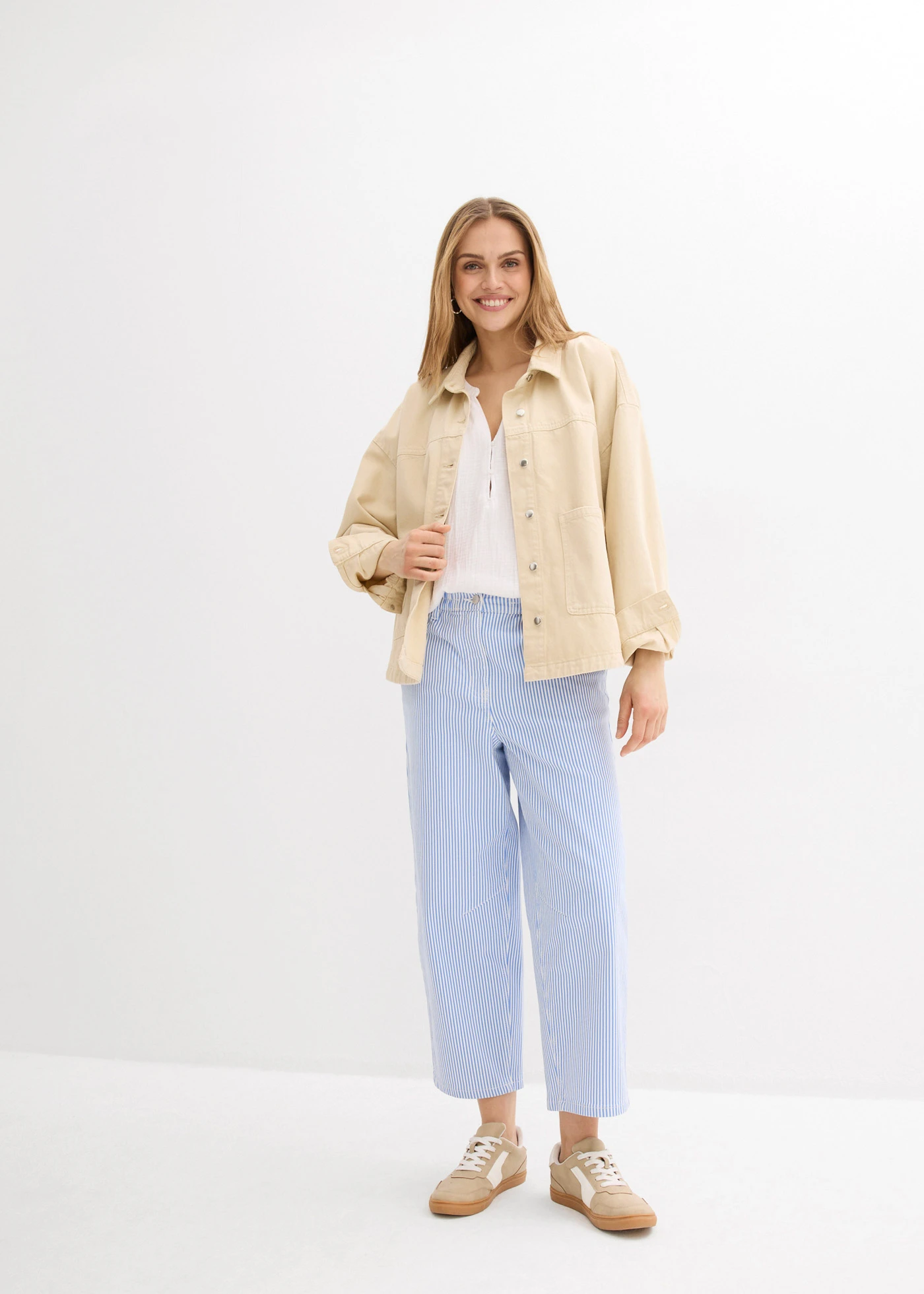 Barrel broek met comfortband, high waist • middenblauw-wolwit verticaal gestreept • bonprix online shop