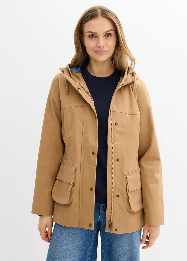 Veste déperlante avec doublure à carreaux, Couleur: camel mat
