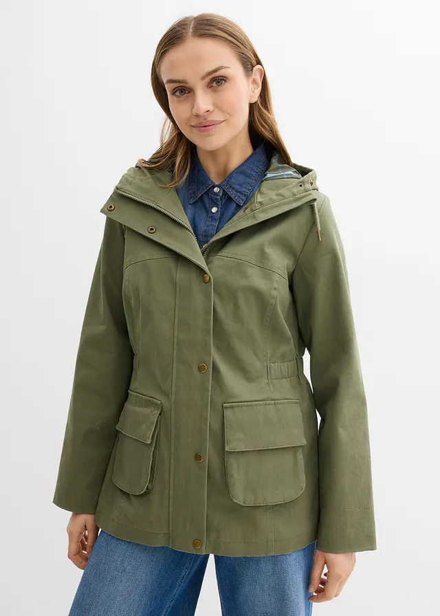 Waterafstotende jas met geruite voering, Kleur: olijfgroen