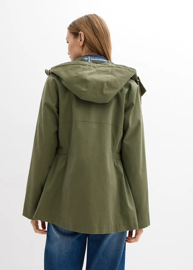 Veste déperlante avec doublure à carreaux, Couleur: olive
