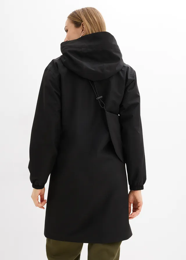 Lichte lange regenjas met schoudertas, Kleur: zwart