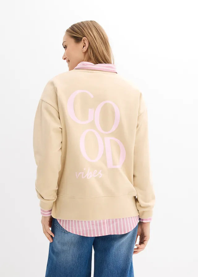 Oversized sweater van biologisch katoen • lichtsand/kristalroze met print • product-page.page-title-suffix