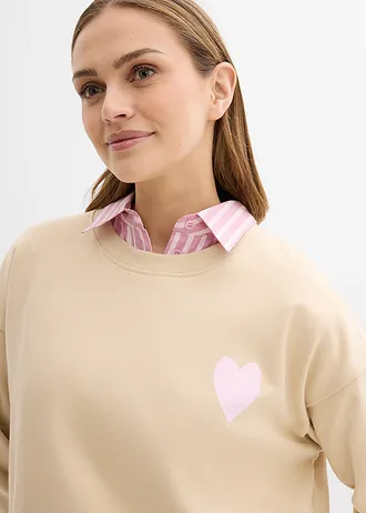 Bluză casual oversize din bumbac organic • bej nisipiu mat/roz-cristal cu imprimeu • magazin bonprix