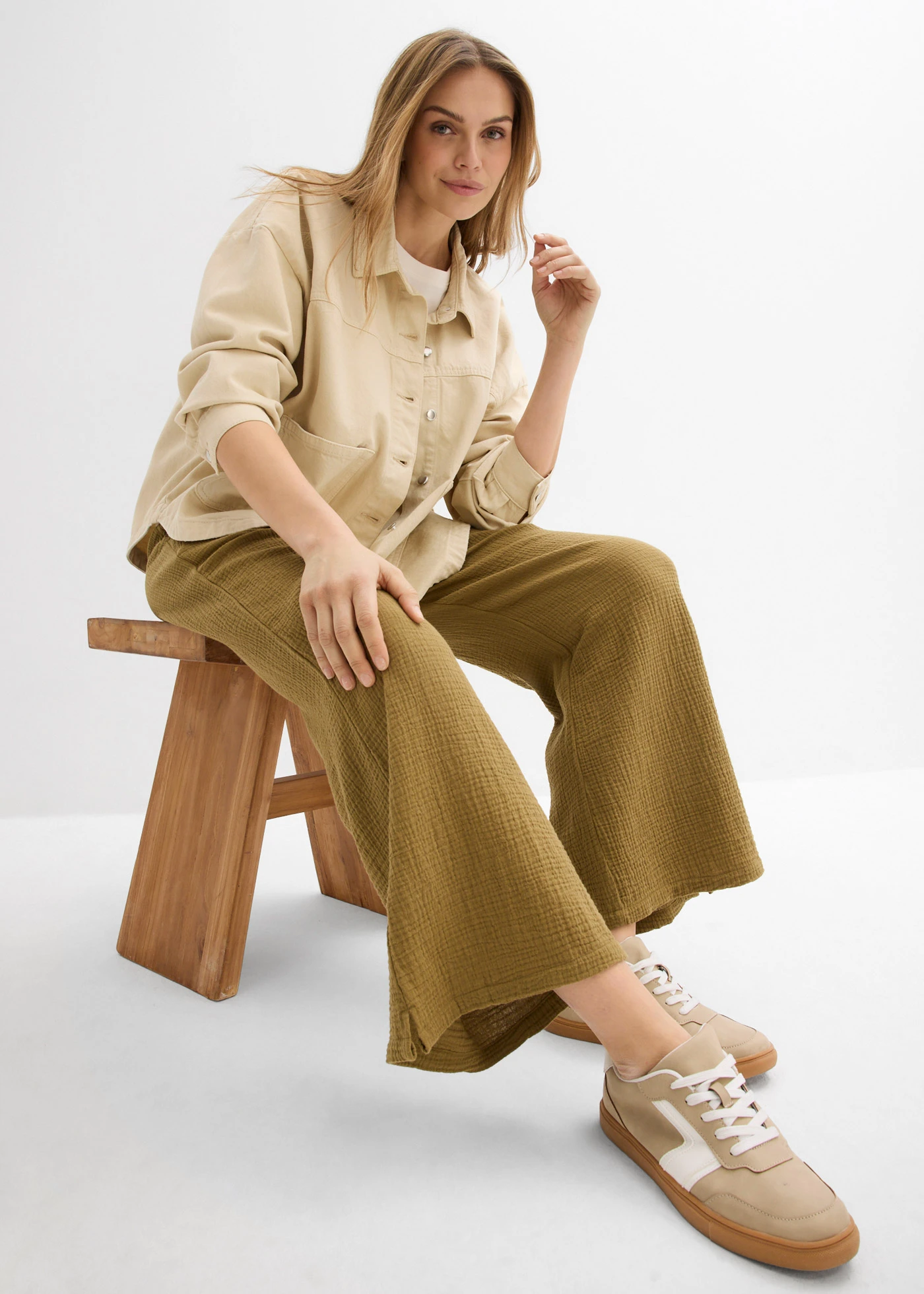 Kalhoty Palazzo ze vzdušného mušelínu • přírodní-zelená • bonprix obchod