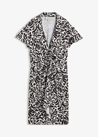 Mini jurk met een diep decolleté, Kleur: parelwit-zwart gebloemd