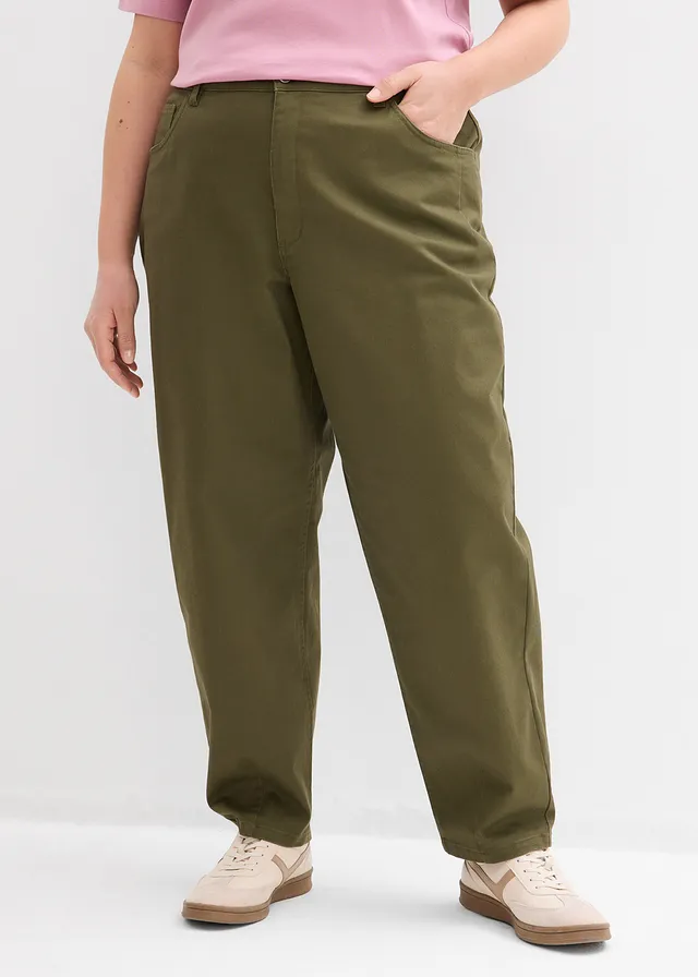 Barrel broek met comfortabele tailleband, Kleur: donkerolijfgroen
