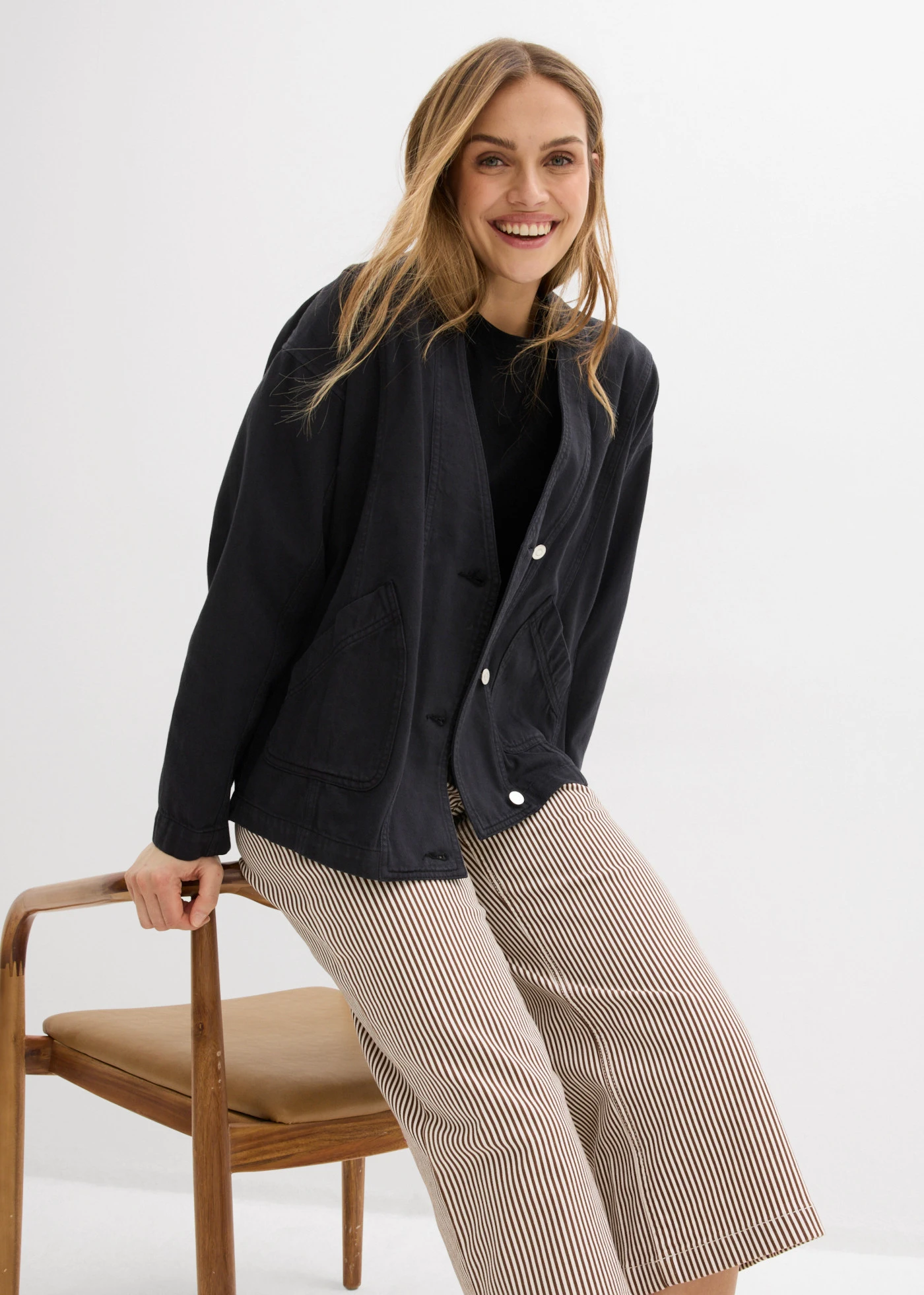 Twill broek met een comfortabele band • bruin/wolwit verticaal gestreept • bonprix online shop