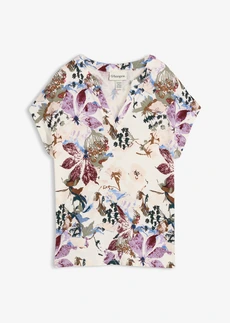 Tuniek met korte mouwen van soepele viscose, Kleur: ecru gebloemd