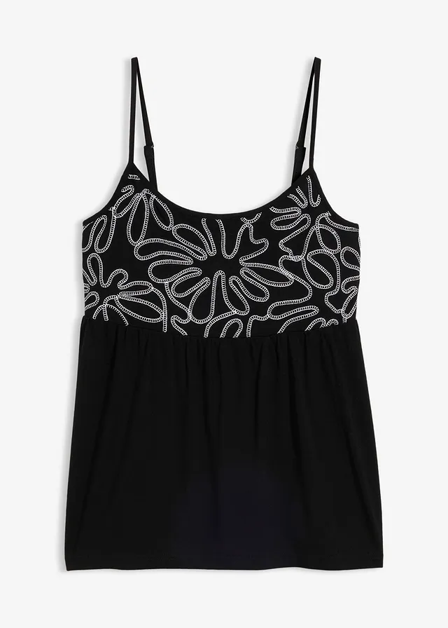 Top met spaghettibandjes en borduursel, Kleur: zwart/wit