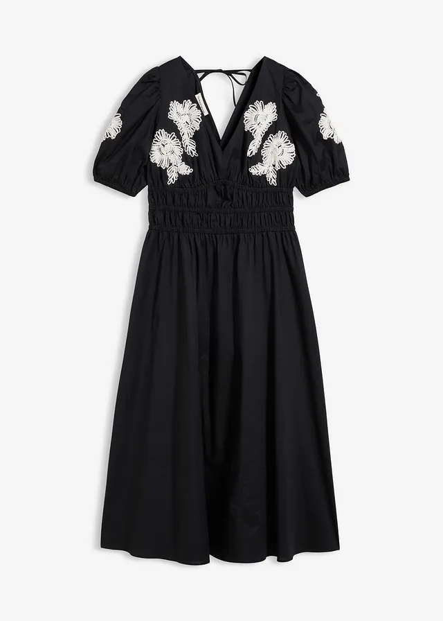 Midi jurk met borduursel • zwart-wit gebloemd • bonprix online shop