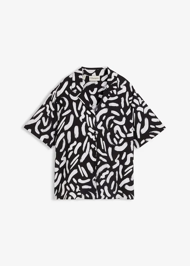 Overhemdblouse van soepele viscose, Kleur: zwart-wit grafische print