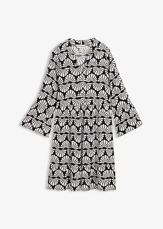 Tuniekjurk van soepele viscose, Kleur: wolwit-zwart grafische print