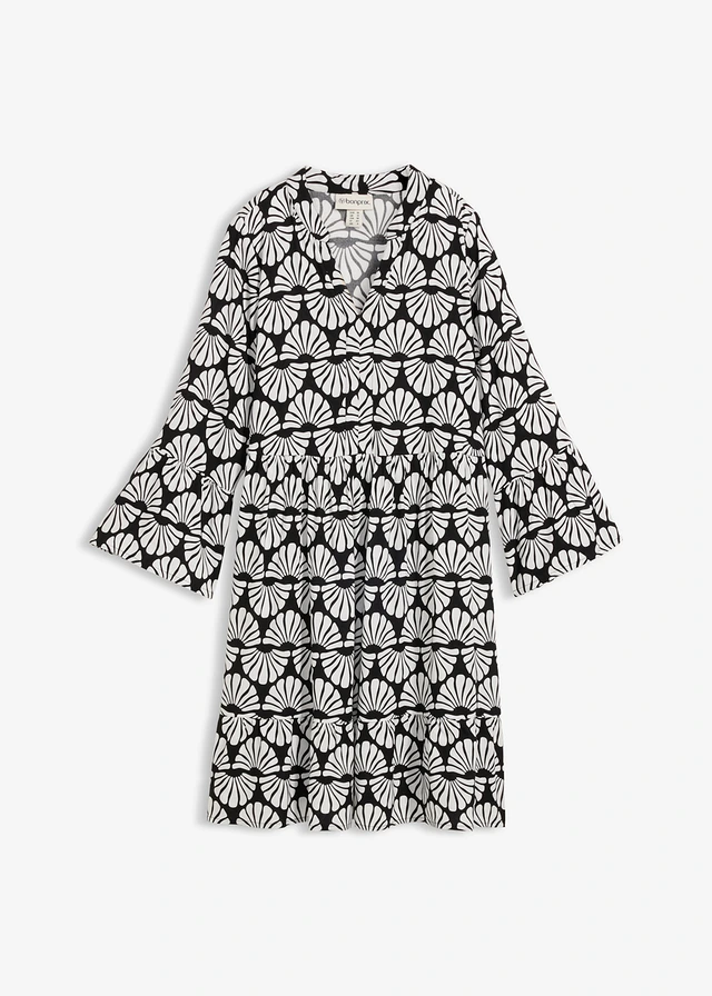 Robe-tunique en viscose fluide, Couleur: écru-noir graphique