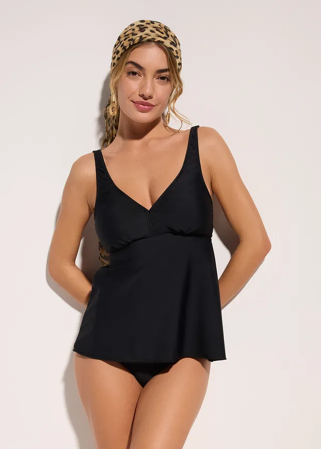 Tankinitop met V-hals, Kleur: zwart
