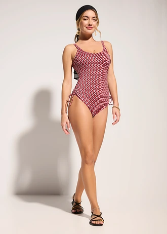 Fürdőruha megkötős pántokkal, szín: salsa vörös grafikai mintás