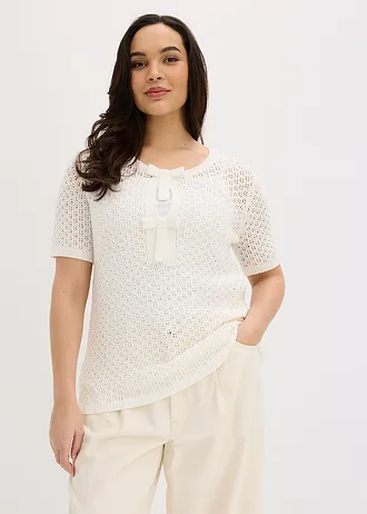 Ažurový svetr z bavlněné směsi, barva: přírodní bílá
