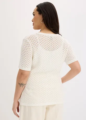 Ajour trui in een katoenmix, Kleur: wolwit